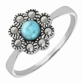 Sterling Silver Turquoise Marcasite Round Beaded Edge Ring