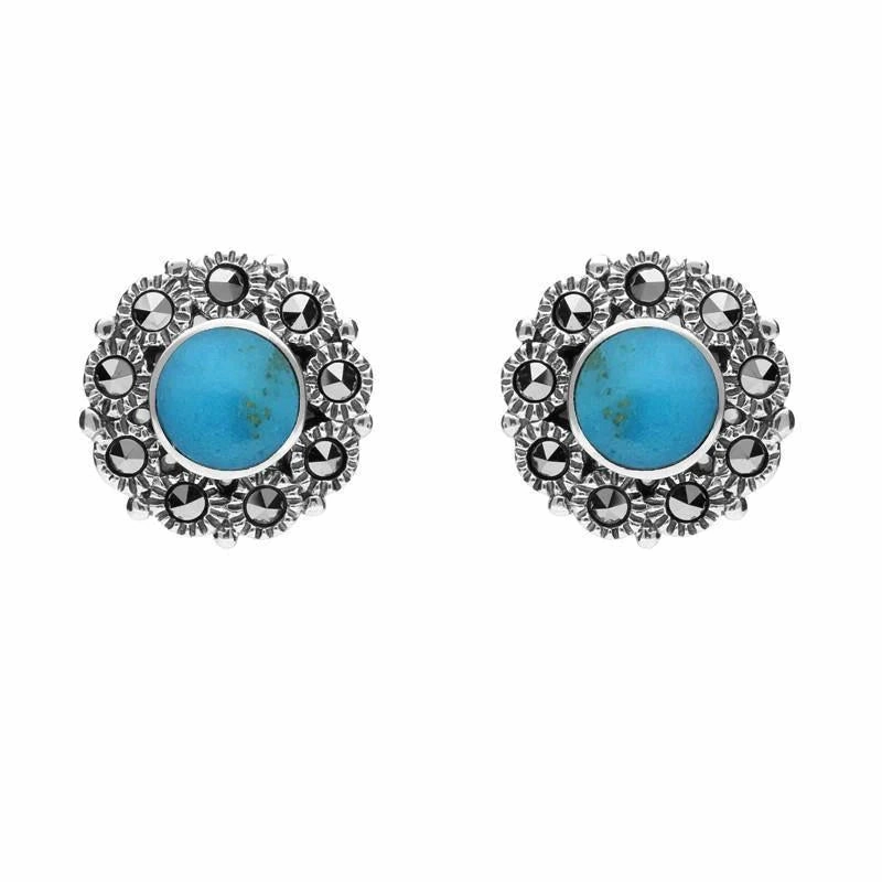 Sterling Silver Turquoise Marcasite Round Beaded Two Piece Set
