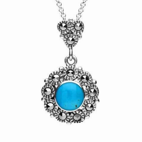 Sterling Silver Turquoise Marcasite Round Beaded Two Piece Set
