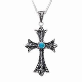 Sterling Silver Turquoise Marcasite Three Point Cross Necklace