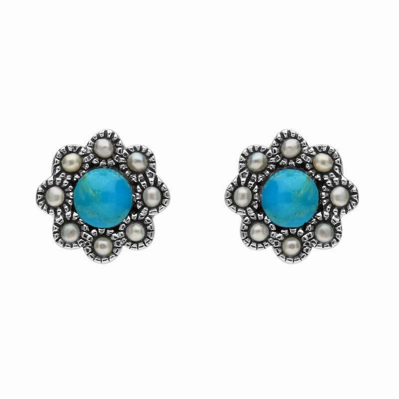 Sterling Silver Turquoise Pearl Round Edge Bead Stud Earrings