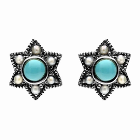 Sterling Silver Turquoise Pearl Six Point Star Stud Earrings