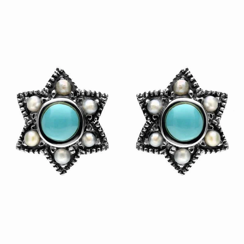 Sterling Silver Turquoise Pearl Six Point Star Stud Earrings