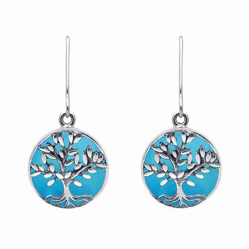 Sterling Silver Turquoise Round Large Leaves Tree of Life Two Piece Set