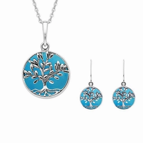 Sterling Silver Turquoise Round Large Leaves Tree of Life Two Piece Set