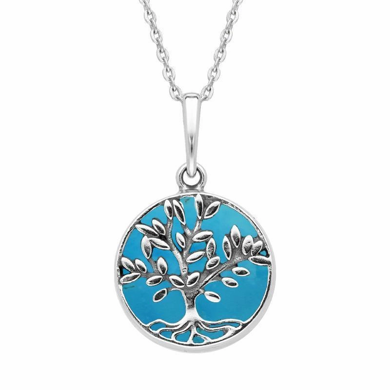 Sterling Silver Turquoise Round Large Leaves Tree of Life Two Piece Set