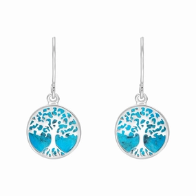 Sterling Silver Turquoise Round Tree of Life Drop Earrings