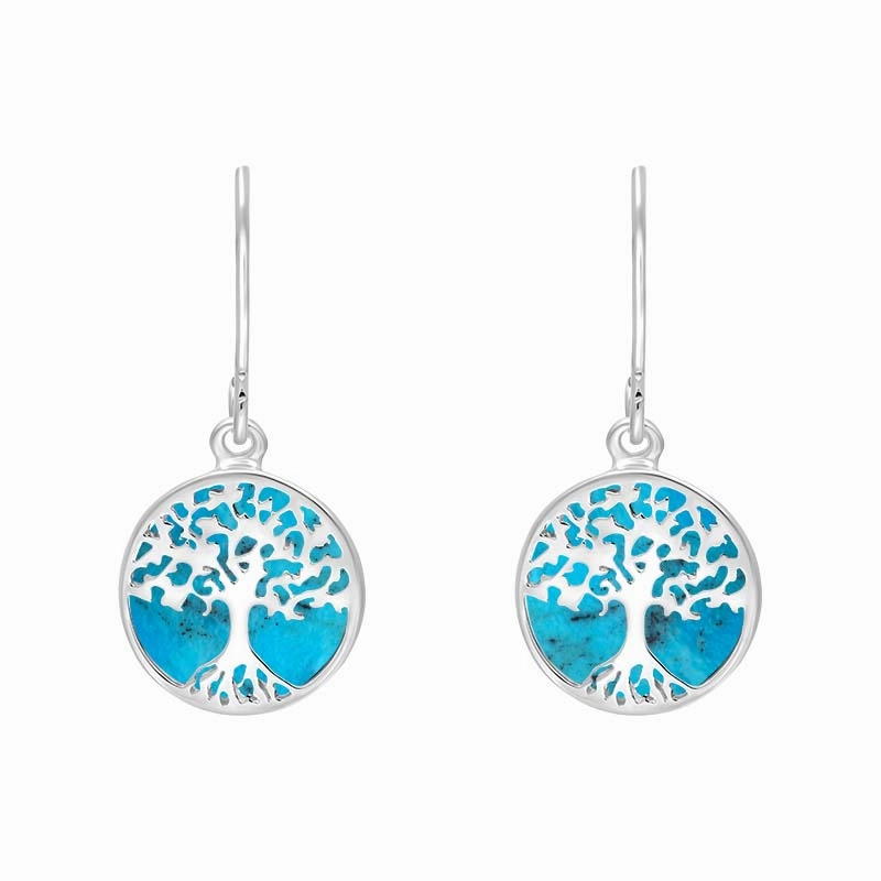 Sterling Silver Turquoise Round Tree of Life Drop Earrings