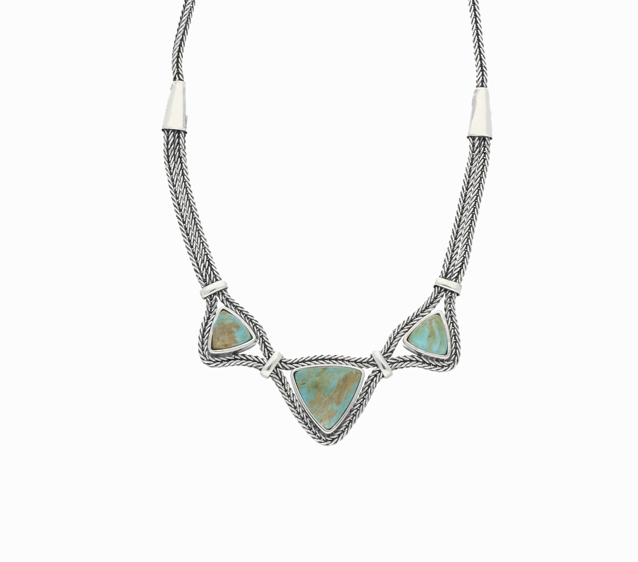Sterling Silver Turquoise Three Stone Triangular Foxtail Necklace D