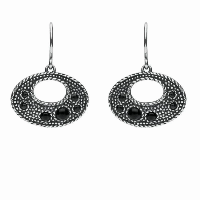 Sterling Silver Whitby Jet 6 Stone Open Oval Oxi Drop Earrings