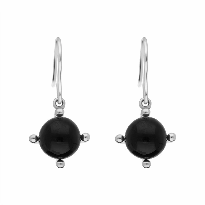 Sterling Silver Whitby Jet 8mm Bead Four Claw Drop Earrings