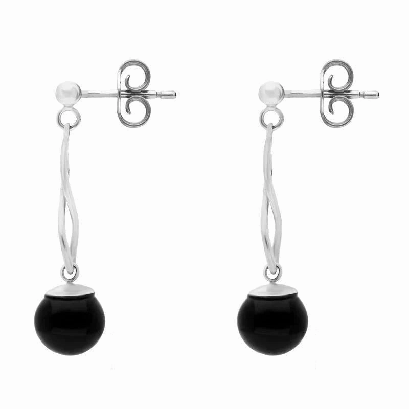 Sterling Silver Whitby Jet 8mm Bead Twist Drop Earrings