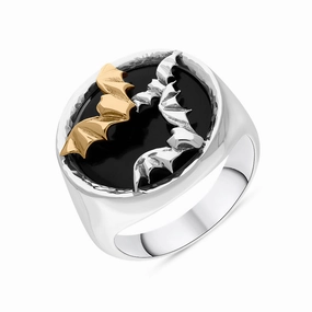 Sterling Silver Whitby Jet 9ct Yellow Gold Bat Round Ring