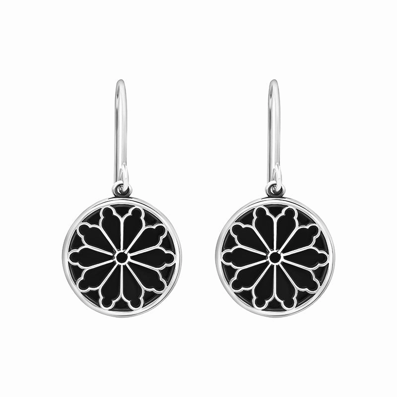 Sterling Silver Whitby Jet Abbey Round Window Drop Earrings
