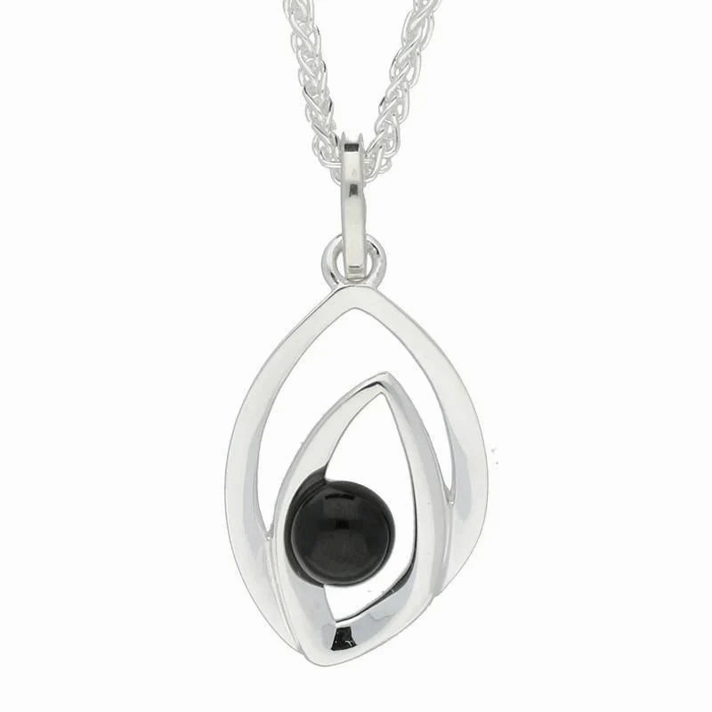 Sterling Silver Whitby Jet Abstract Flame Stone Necklace