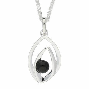 Sterling Silver Whitby Jet Abstract Flame Stone Necklace