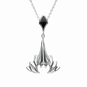 Sterling Silver Whitby Jet Abstract Upside Down Bat Necklace