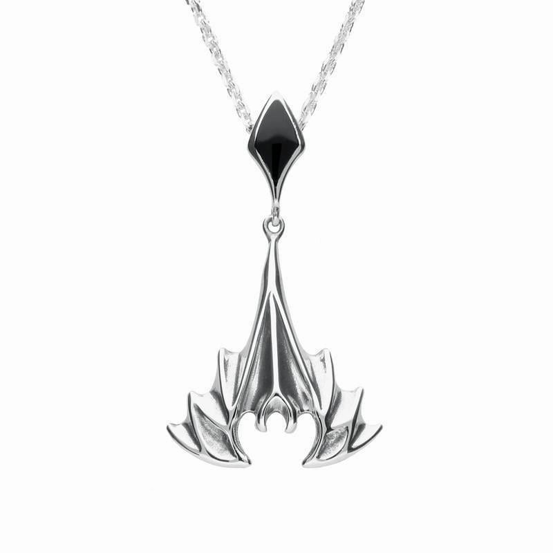 Sterling Silver Whitby Jet Abstract Upside Down Bat Necklace