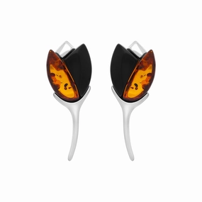 Sterling Silver Whitby Jet Amber 2 Stone Leaf Earrings