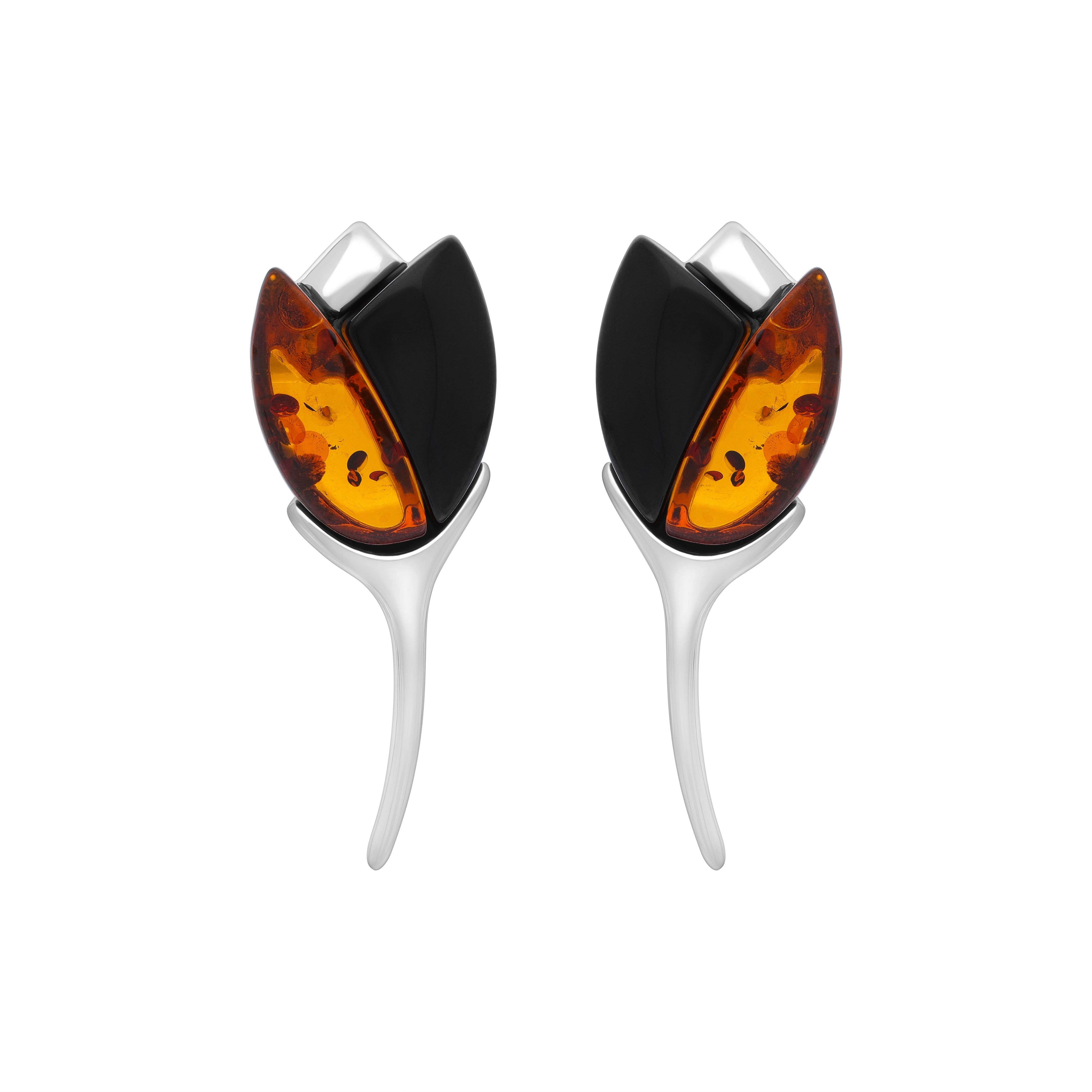 Sterling Silver Whitby Jet Amber 2 Stone Leaf Earrings