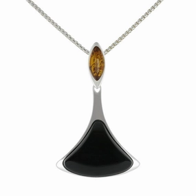 Sterling Silver Whitby Jet Amber 2 Stone Triangle Drop Necklace