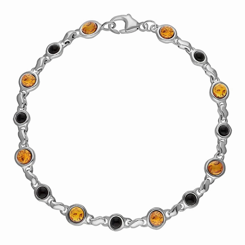 Sterling Silver Whitby Jet Amber Alternating Round Bead Bracelet