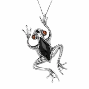 Sterling Silver Whitby Jet Amber Bead Detail Large Frog Necklace