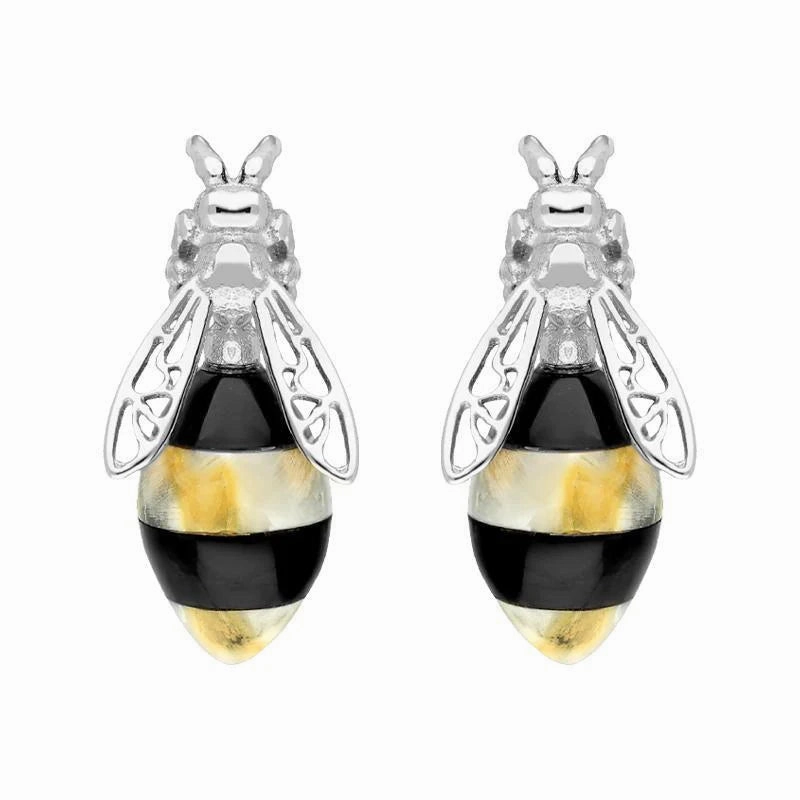 Sterling Silver Whitby Jet Amber Bee Stud Earrings