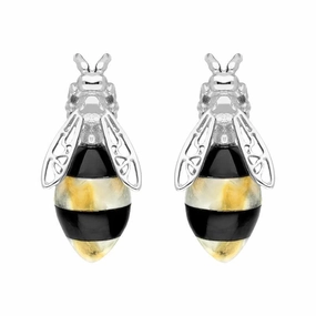 Sterling Silver Whitby Jet Amber Bee Stud Earrings