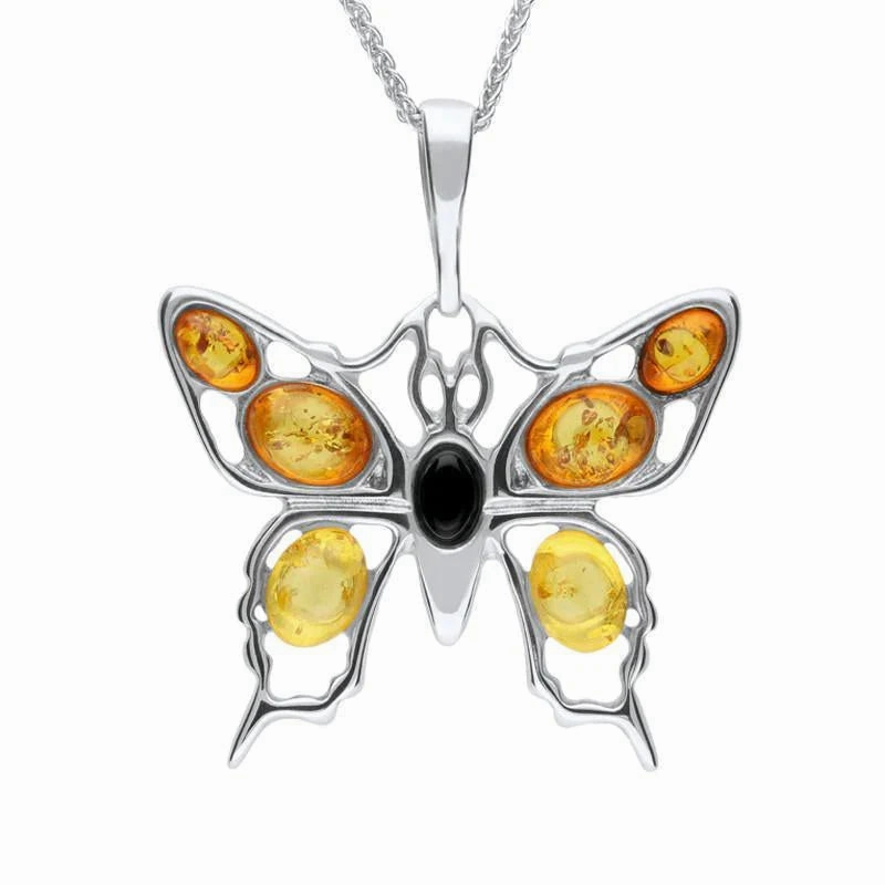 Sterling Silver Whitby Jet Amber Butterfly Necklace