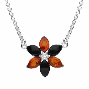 Sterling Silver Whitby Jet Amber Flower Necklace
