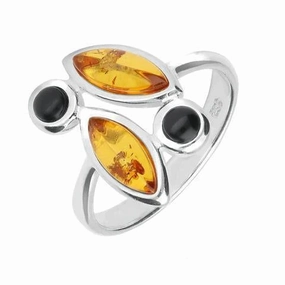 Sterling Silver Whitby Jet Amber Four Stone Marquise Ring
