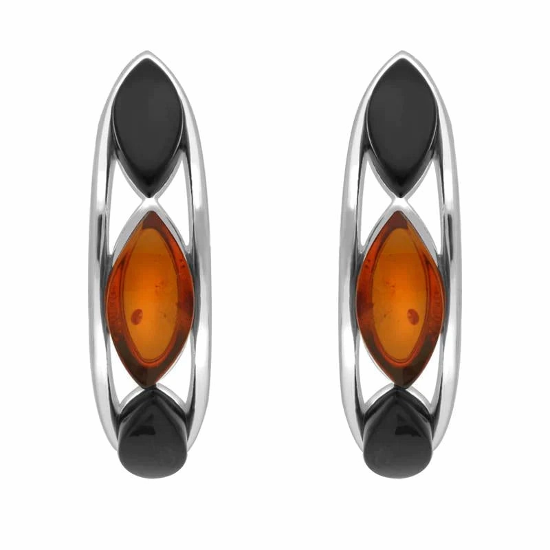 Sterling Silver Whitby Jet Amber Marquise Curved Hoop Earrings