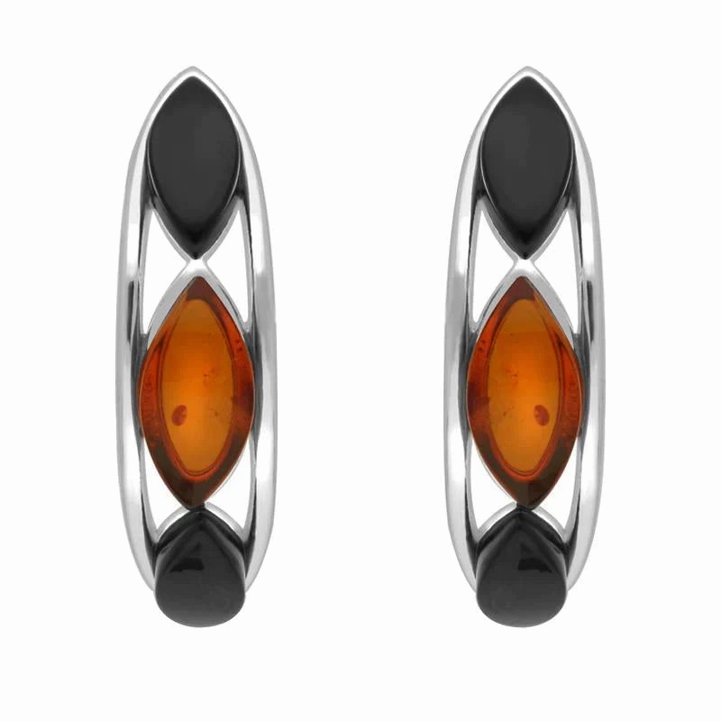 Sterling Silver Whitby Jet Amber Marquise Curved Hoop Earrings