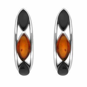 Sterling Silver Whitby Jet Amber Marquise Curved Hoop Earrings
