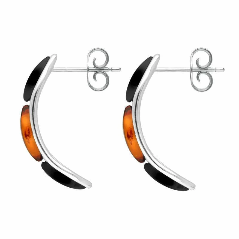 Sterling Silver Whitby Jet Amber Marquise Curved Hoop Earrings