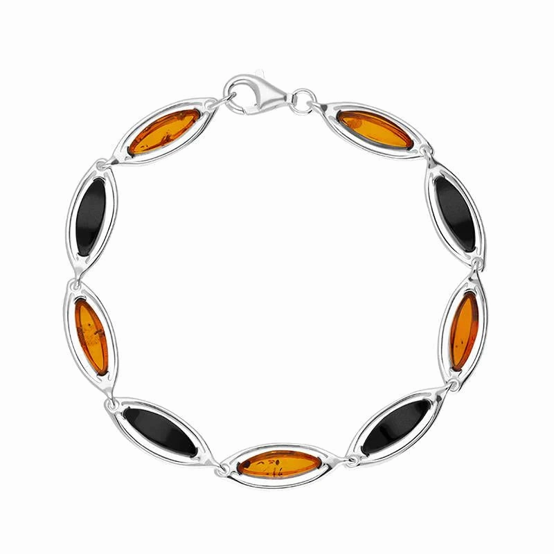 Sterling Silver Whitby Jet Amber Marquise Shaped Nine Stone Bracelet