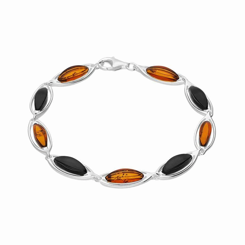 Sterling Silver Whitby Jet Amber Marquise Shaped Nine Stone Bracelet