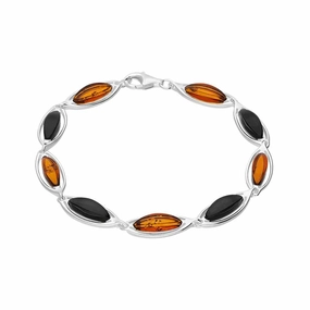 Sterling Silver Whitby Jet Amber Marquise Shaped Nine Stone Bracelet