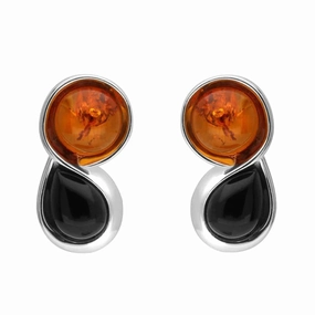 Sterling Silver Whitby Jet Amber Round Pear Stud Earrings
