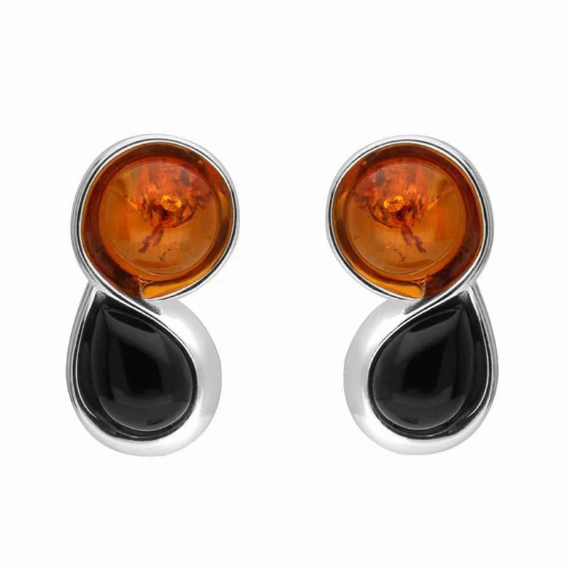Sterling Silver Whitby Jet Amber Round Pear Stud Earrings