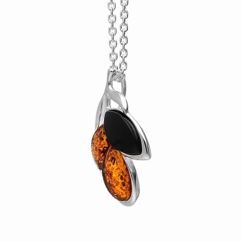 Sterling Silver Whitby Jet Amber Three Stone Leaf Necklace