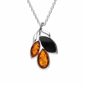 Sterling Silver Whitby Jet Amber Three Stone Leaf Necklace