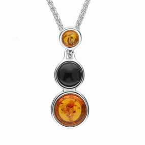 Sterling Silver Whitby Jet Amber Three Stone Necklace