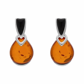 Sterling Silver Whitby Jet Amber Triangle Top Round Drop Earrings