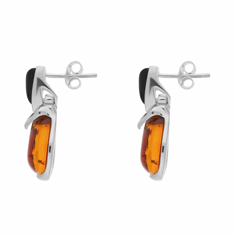 Sterling Silver Whitby Jet Amber Triangle Top Round Drop Earrings