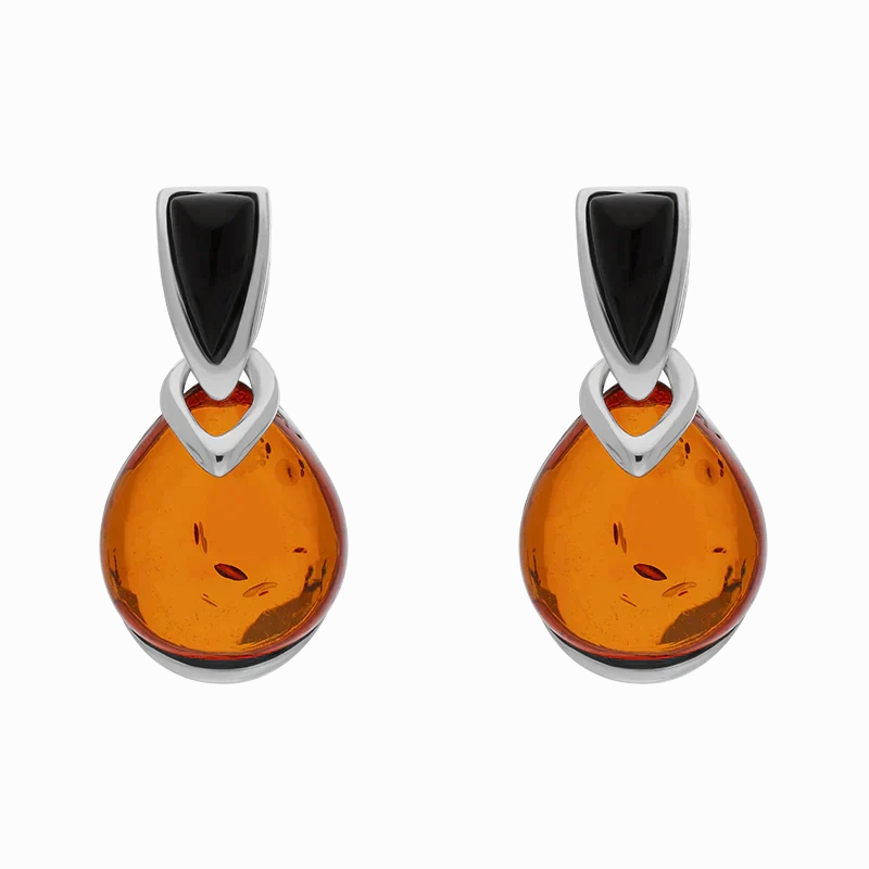 Sterling Silver Whitby Jet Amber Triangle Top Round Drop Earrings