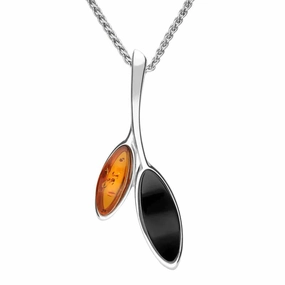 Sterling Silver Whitby Jet Amber Two Leaf Drop Necklace