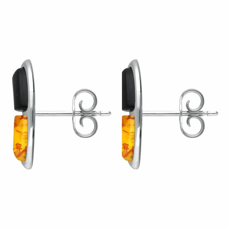 Sterling Silver Whitby Jet Amber Two Stone Oblong Stud earrings