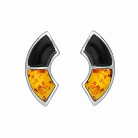 Sterling Silver Whitby Jet Amber Two Stone Oblong Stud earrings